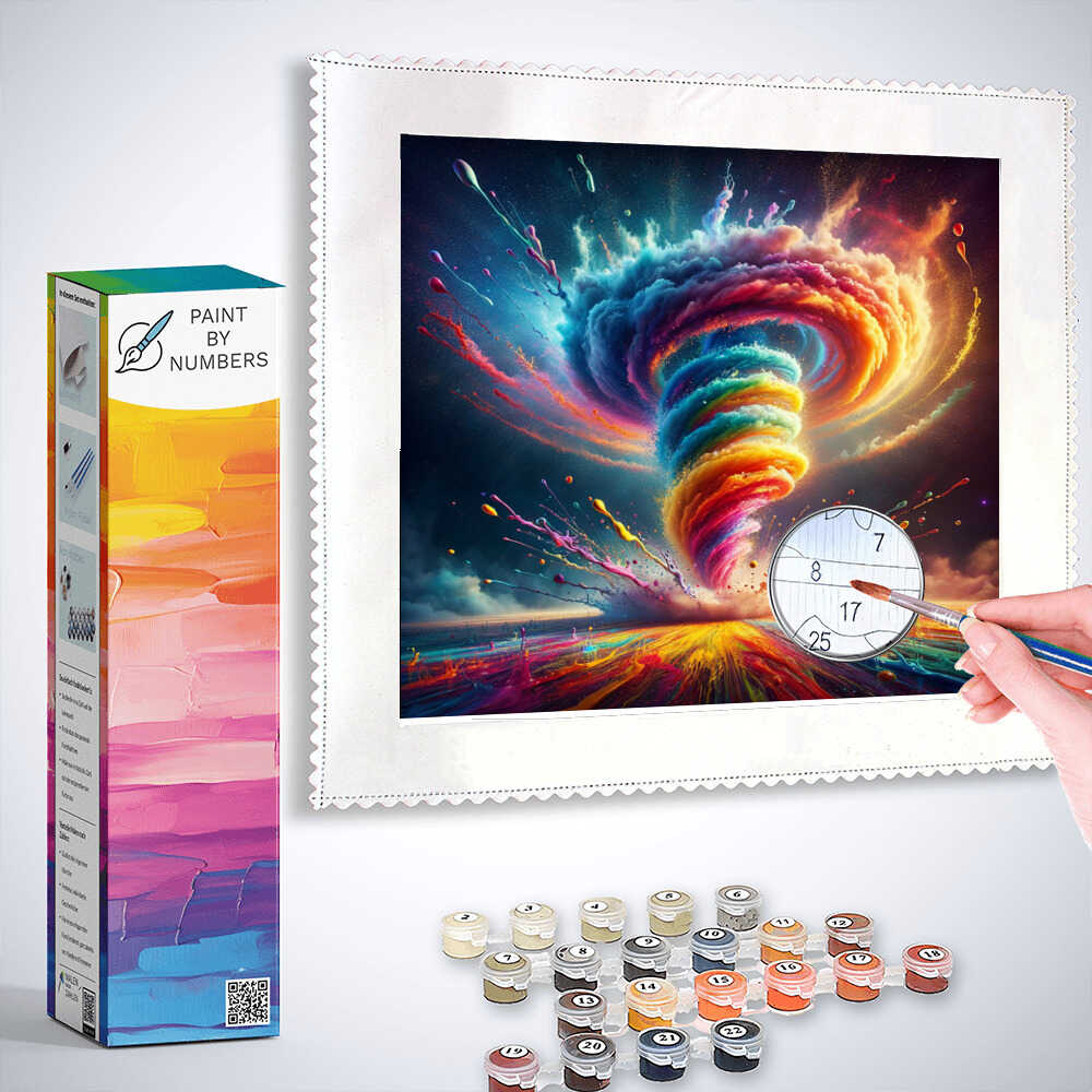 Paint by Numbers kit featuring a vibrant vortex artwork with swirling blues, purples, and rainbow colors, paintbrush and paints included