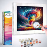 Paint by Numbers kit featuring a vibrant vortex artwork with swirling blues, purples, and rainbow colors, paintbrush and paints included