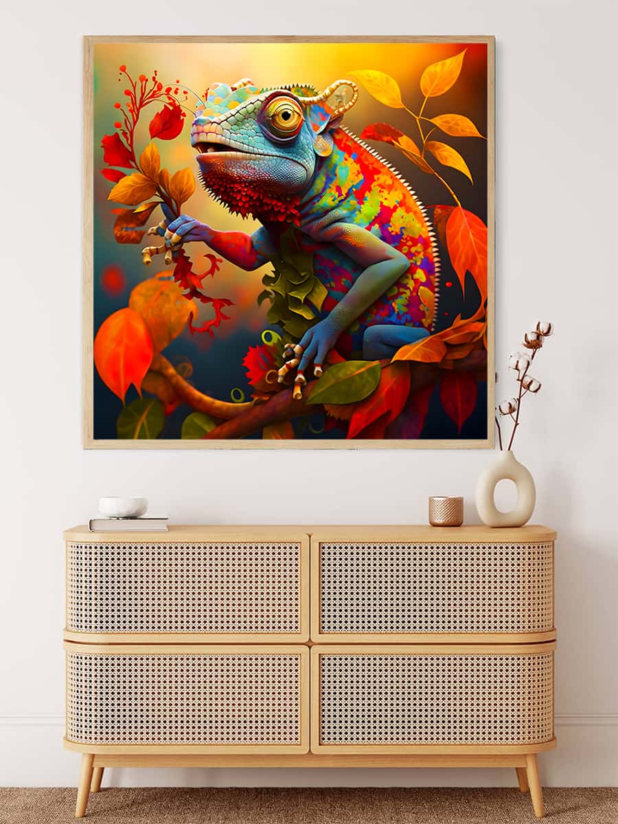 Diamond Painting Kit featuring a colorful lizard in a forest displayed above a modern wooden dresser. Paint by Numbers art.