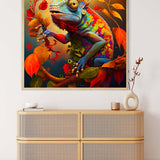Diamond Painting Kit featuring a colorful lizard in a forest displayed above a modern wooden dresser. Paint by Numbers art.