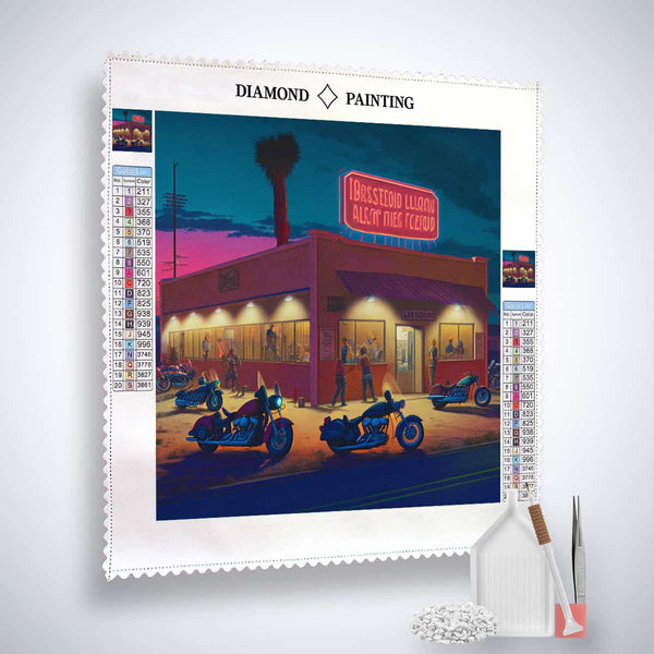 Diamond Painting - Adventure Rider kit featuring a motorcycle scene at a neon-lit diner with tools and acrylic diamonds included