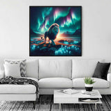 Paint by Numbers - Northern Lights Majesty featuring a lion under vibrant Aurora Borealis, displayed in a modern living room.