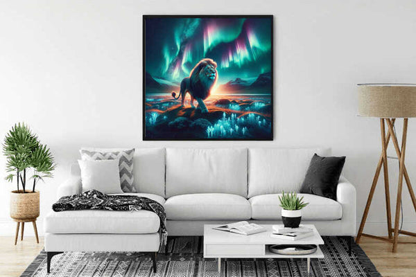 Paint by Numbers - Northern Lights Majesty featuring a lion under vibrant Aurora Borealis, displayed in a modern living room.