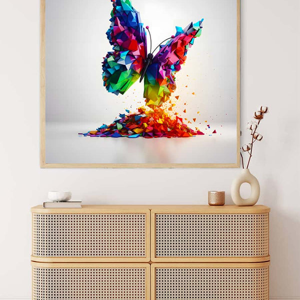 Colorful Butterfly Diamond Painting on wall above rattan dresser in modern living room setting. Paint by Numbers kit.