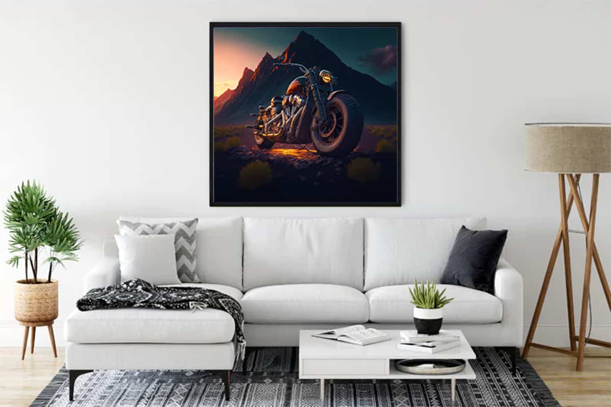 Diamond Painting - Route 66 and Motorcycle Adventure wall art in modern living room with cozy white sofa and minimalist decor.