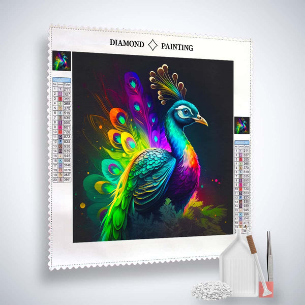 AB Diamond Painting kit featuring a vibrant neon peacock design with included acrylic diamonds, professional canvas, tweezers, and application pen