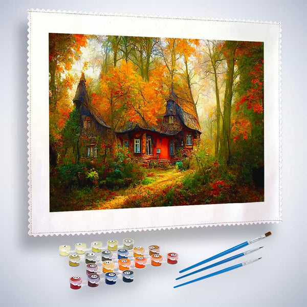 Malen nach Zahlen - Spitzdachhaus im Wald - hochwertige Leinwand - Fantasy, Horizontal, Wald