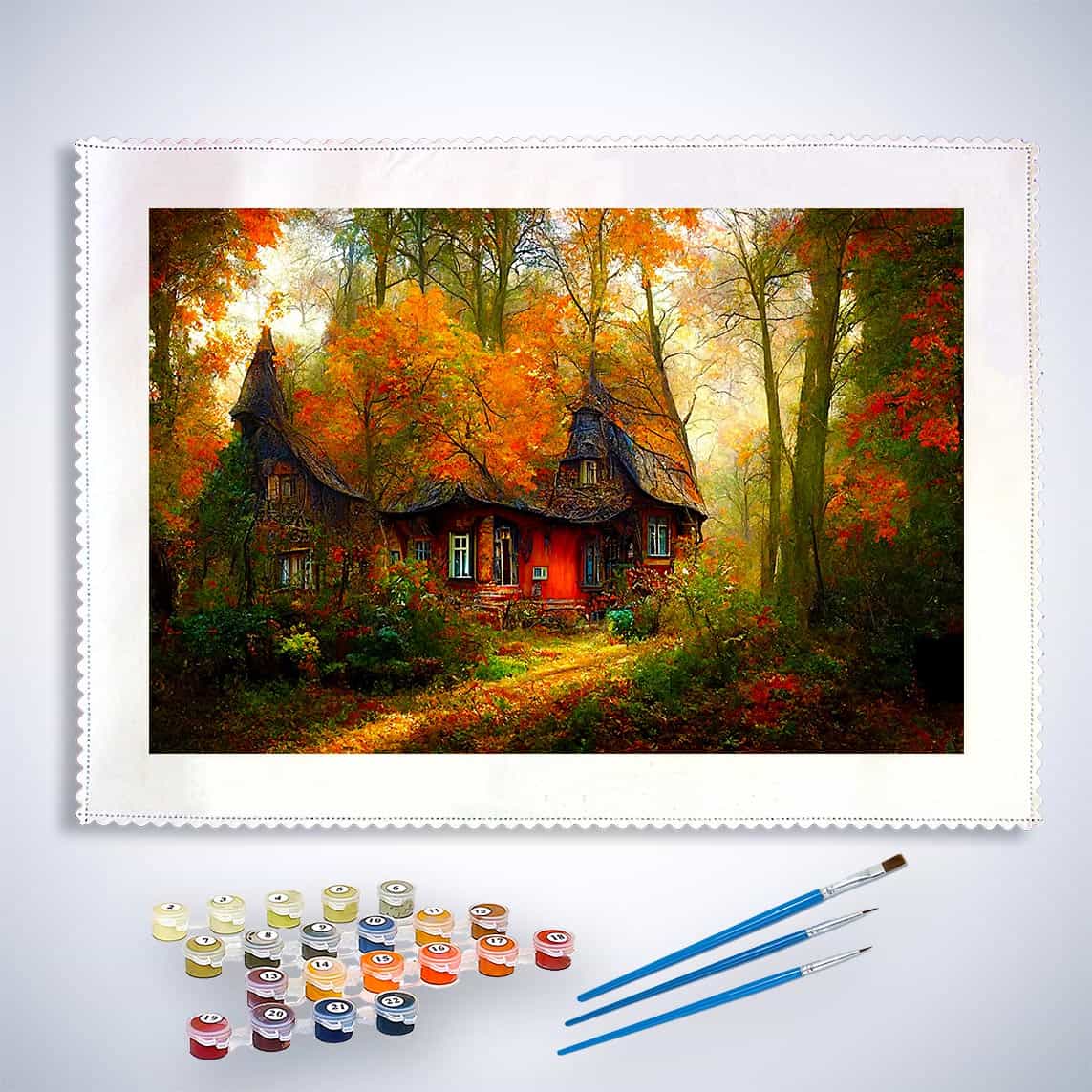 Malen nach Zahlen - Spitzdachhaus im Wald - hochwertige Leinwand - Fantasy, Horizontal, Wald