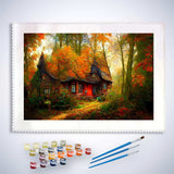 Malen nach Zahlen - Spitzdachhaus im Wald - hochwertige Leinwand - Fantasy, Horizontal, Wald