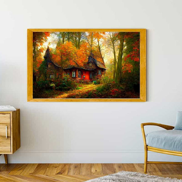 Malen nach Zahlen - Spitzdachhaus im Wald - hochwertige Leinwand - Fantasy, Horizontal, Wald