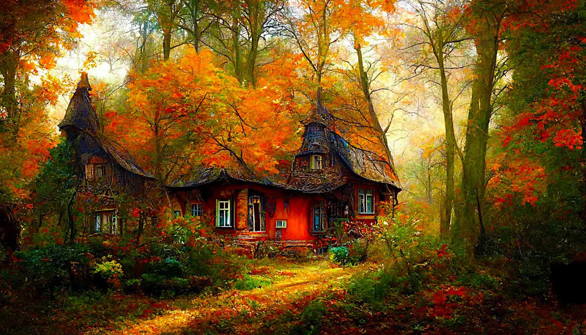 Malen nach Zahlen - Spitzdachhaus im Wald - hochwertige Leinwand - Fantasy, Horizontal, Wald