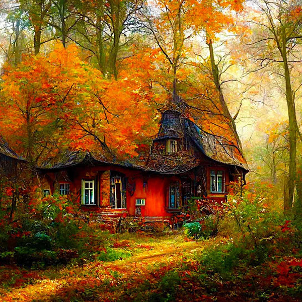 Malen nach Zahlen - Spitzdachhaus im Wald - hochwertige Leinwand - Fantasy, Horizontal, Wald