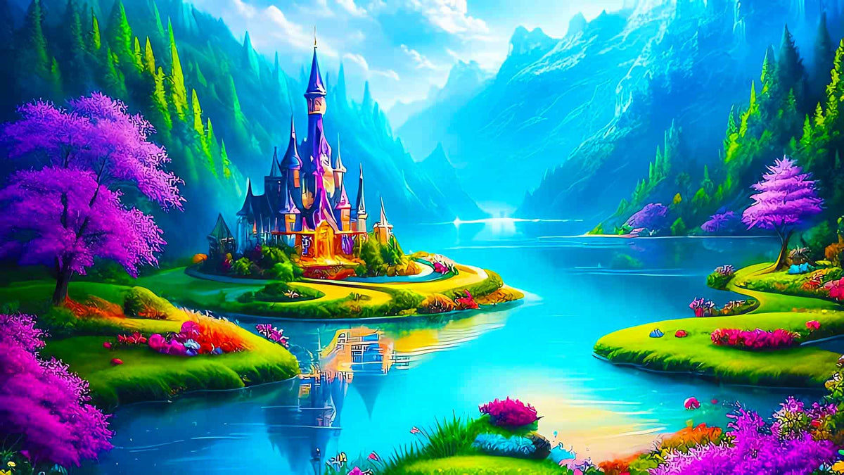 Malen nach Zahlen - Fantasyschloss am See - hochwertige Leinwand - Fantasy, Horizontal