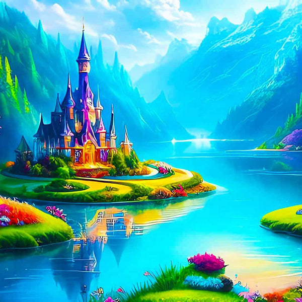 Malen nach Zahlen - Fantasyschloss am See - hochwertige Leinwand - Fantasy, Horizontal