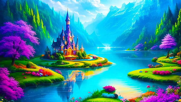 Malen nach Zahlen - Fantasyschloss am See - hochwertige Leinwand - Fantasy, Horizontal