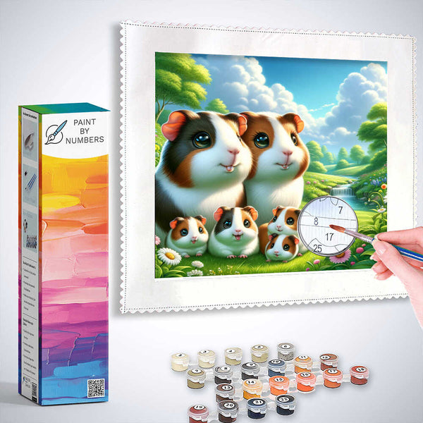 Paint by Numbers kit featuring a Magic of the Meadow Friends scene with six guinea pigs in a green landscape with a blue sky.