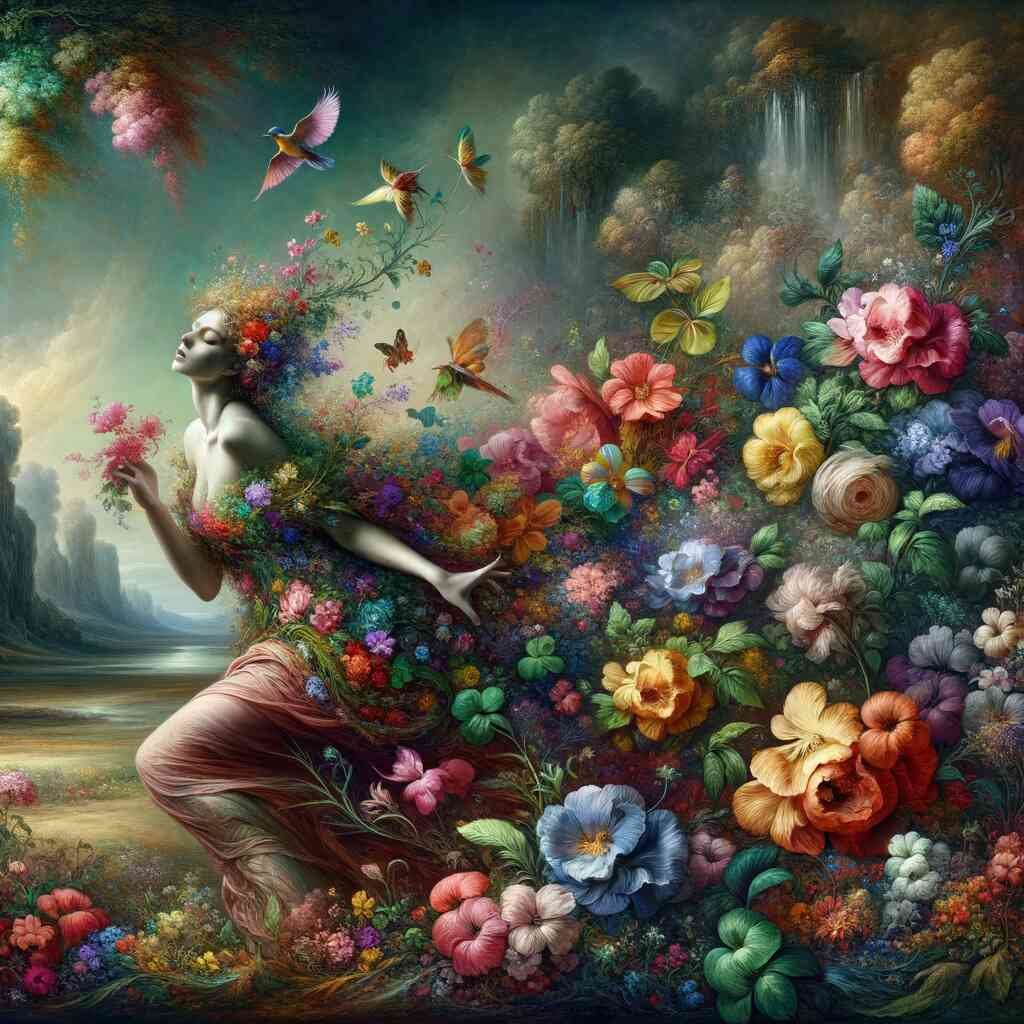 Paint by Numbers - Floral Awakening: Floating female figure in lush sea of vibrant flowers, butterflies dancing, waterfalls flowing upwards.