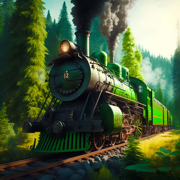 Green train traveling through a lush forest, featured in a stunning Paint by Numbers Diamond Painting Kit.