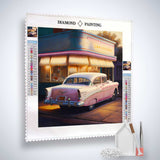 Diamond Painting Kit - Gas Station Romance of the 50s - Paint by Numbers - Vintage Car and Retro Gas Station Scene