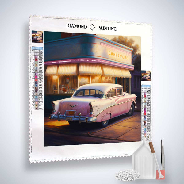 Diamond Painting Kit - Gas Station Romance of the 50s - Paint by Numbers - Vintage Car and Retro Gas Station Scene
