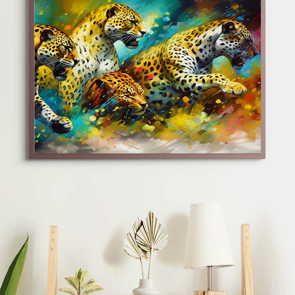 Leopard Gang Diamond Painting - A colorful and vibrant Paint by Numbers kit with leopards on a professional canvas, perfect for art enthusiasts.