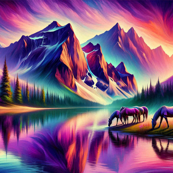 Paint by Numbers - Horses at mountain lake