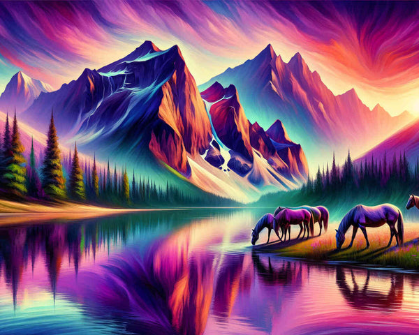 Paint by Numbers - Horses at mountain lake
