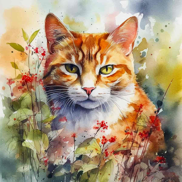 Orange tabby cat peering through lush foliage with red berries in watercolor painting, featured in Diamond Painting - Mischievous Cat kit.