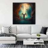 Diamond Painting - Angel Light Shine displayed on a living room wall above a white couch, featuring a luminous angelic figure.