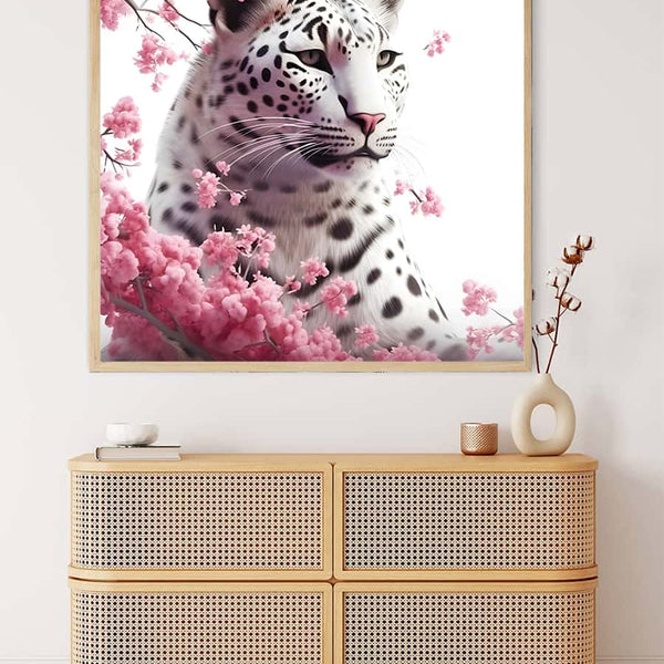 Malen nach Zahlen - Schneeleopard mit Rosenblüten - hochwertige Leinwand - 170523, Blumen, Leopard, Neu eingetroffen, Quadratisch, Tiere