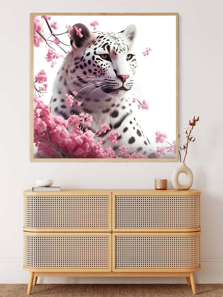 Diamond Painting Kit - Leopard with Roses on display in a minimalist room. Paint by Numbers art that sparkles.