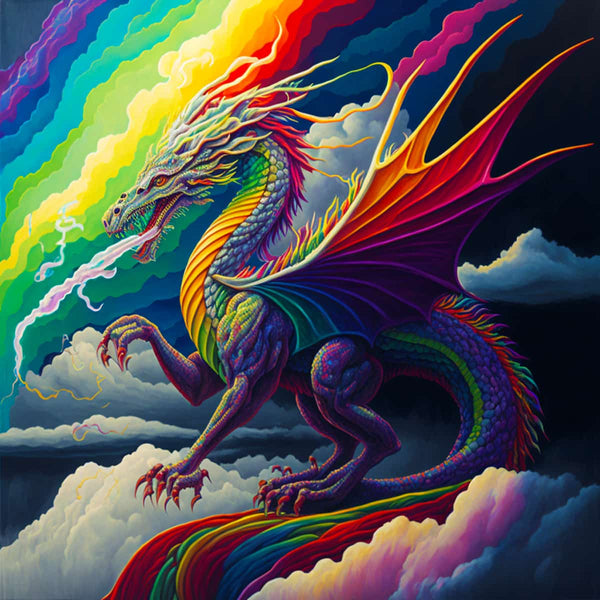 Rainbow-colored dragon with vibrant wings in the clouds, featured in "Mystic Wings" Diamond Painting kit.