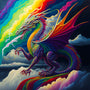 Rainbow-colored dragon with vibrant wings in the clouds, featured in "Mystic Wings" Diamond Painting kit.