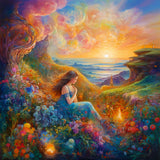 Dreamy beauty in the greenery, vibrant diamond painting kit with a serene woman in a colorful landscape at sunset. Paint by Numbers