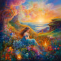 Dreamy beauty in the greenery, vibrant diamond painting kit with a serene woman in a colorful landscape at sunset. Paint by Numbers
