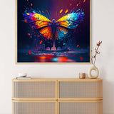 Colorful butterfly diamond painting on wall above rattan dresser, part of AB Diamond Painting Kit - Sparkling Paint by Numbers art.