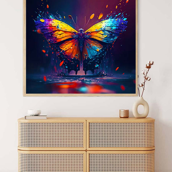 Colorful butterfly diamond painting on wall above rattan dresser, part of AB Diamond Painting Kit - Sparkling Paint by Numbers art.