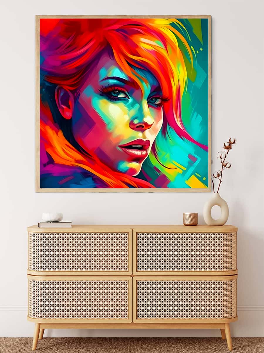 Diamond painting kit of an abstract woman in vibrant futuristic colors displayed on a wall above a wooden chest. Paint by Numbers.