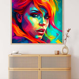 Diamond painting kit of an abstract woman in vibrant futuristic colors displayed on a wall above a wooden chest. Paint by Numbers.