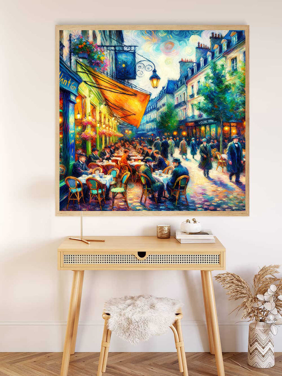 Paint by Numbers - Evening whispers on the terrace artwork displaying a lively café scene at dusk with warm tones and romantic street lamps