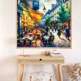 Paint by Numbers - Evening whispers on the terrace artwork displaying a lively café scene at dusk with warm tones and romantic street lamps