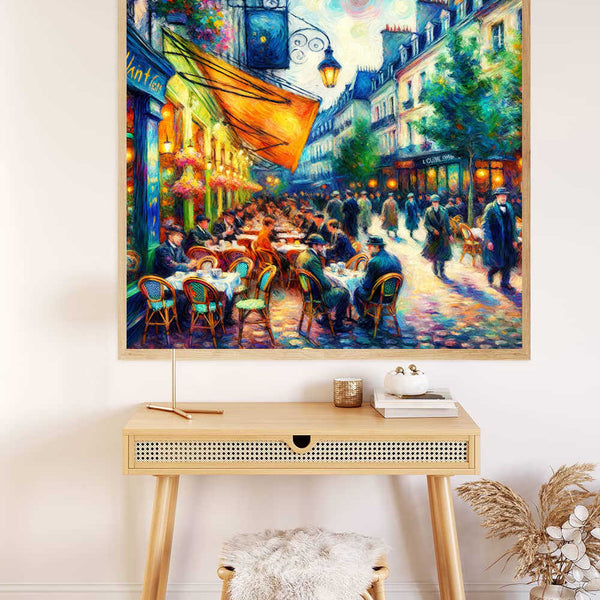 Paint by Numbers - Evening whispers on the terrace artwork displaying a lively café scene at dusk with warm tones and romantic street lamps