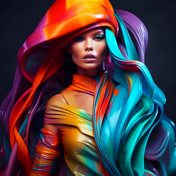 Colorful futuristic woman with long flowing multicolored hair ш the cover image for a Diamond Painting - Woman Rider Paint by Numbers Kit.