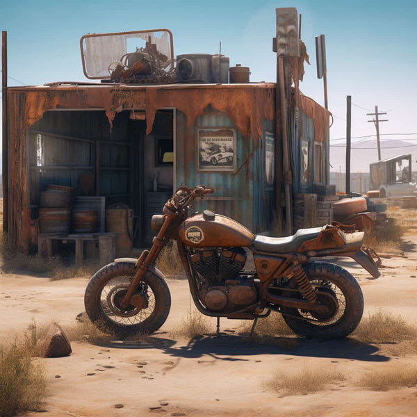 Vintage offroad motorcycle parked in front of an old, rustic building in a desert setting.