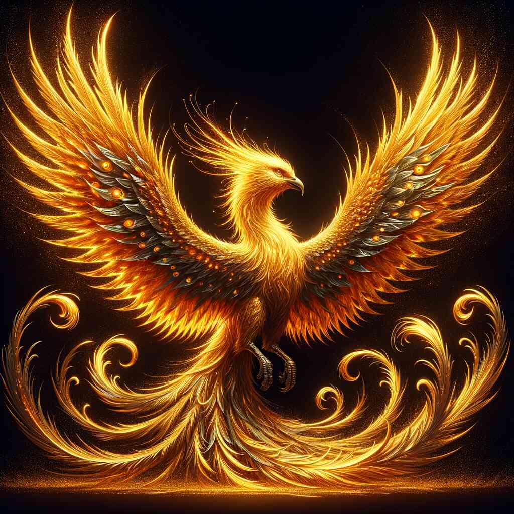 Paint by Numbers kit "Phoenix Awakening" featuring a golden phoenix with luminous wings and flame-like details against a dark background