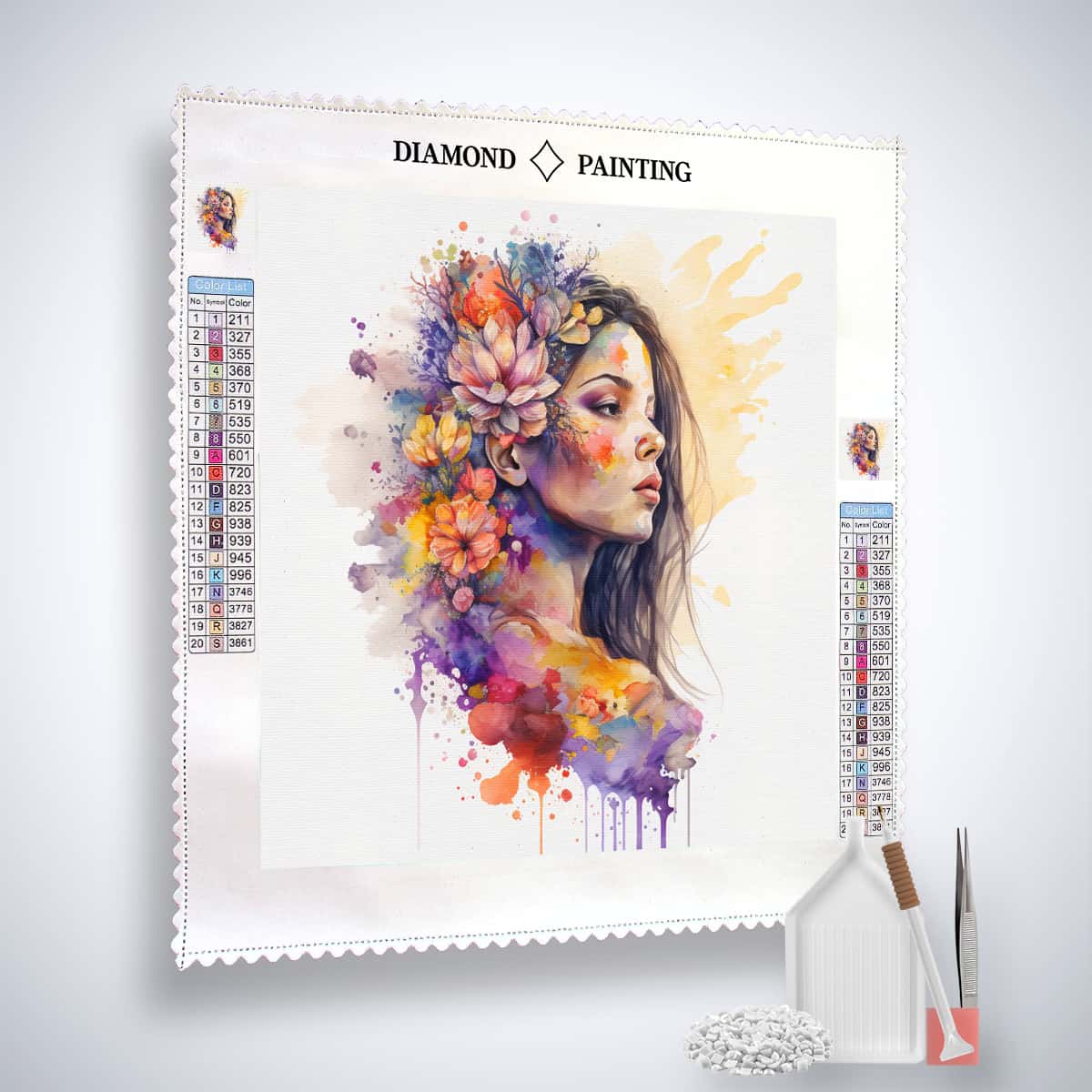 Diamond Painting - Mystical Beauty kit featuring an artistic portrait of a woman with flowers, paint by numbers for adults.