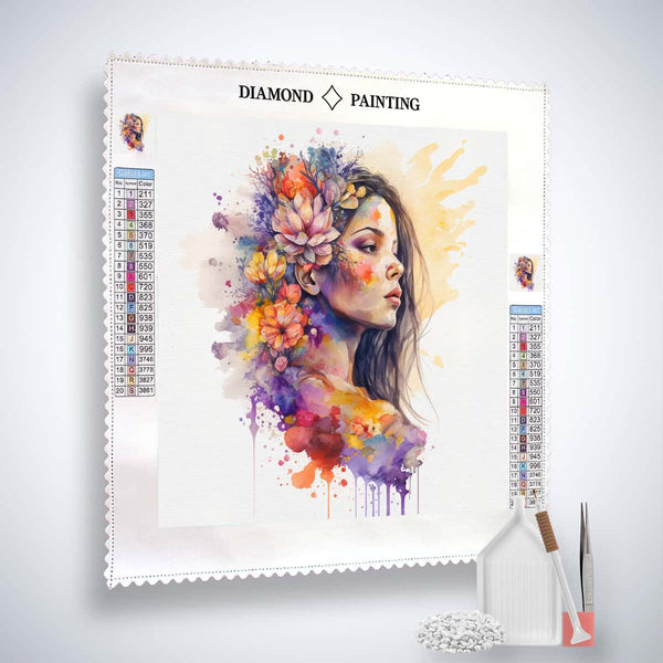 Diamond Painting - Mystical Beauty kit featuring an artistic portrait of a woman with flowers, paint by numbers for adults.