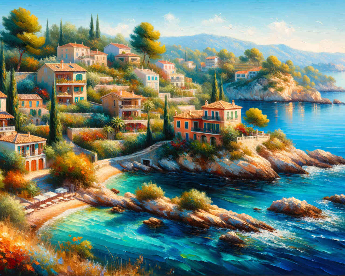 Paint by Numbers - Mediterranean Whispers vibrant blue sea, picturesque sun-drenched houses, bright vegetation in modern impressionist style.