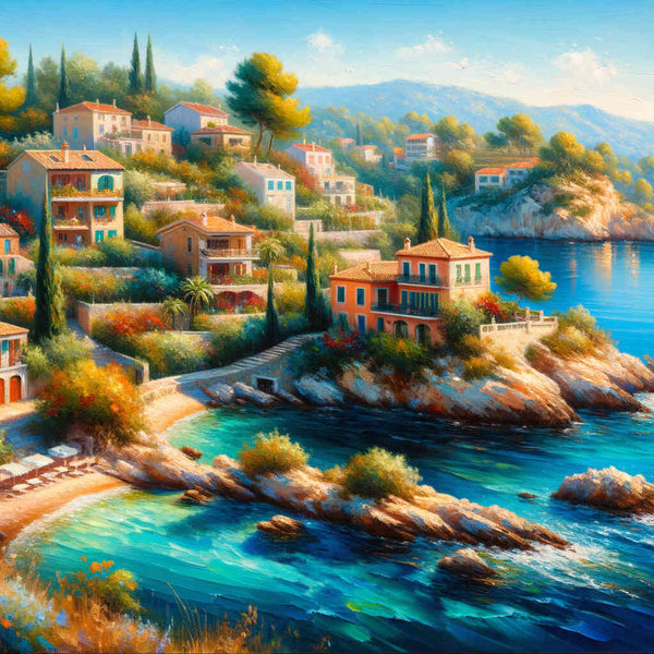 Paint by Numbers - Mediterranean Whispers vibrant blue sea, picturesque sun-drenched houses, bright vegetation in modern impressionist style.