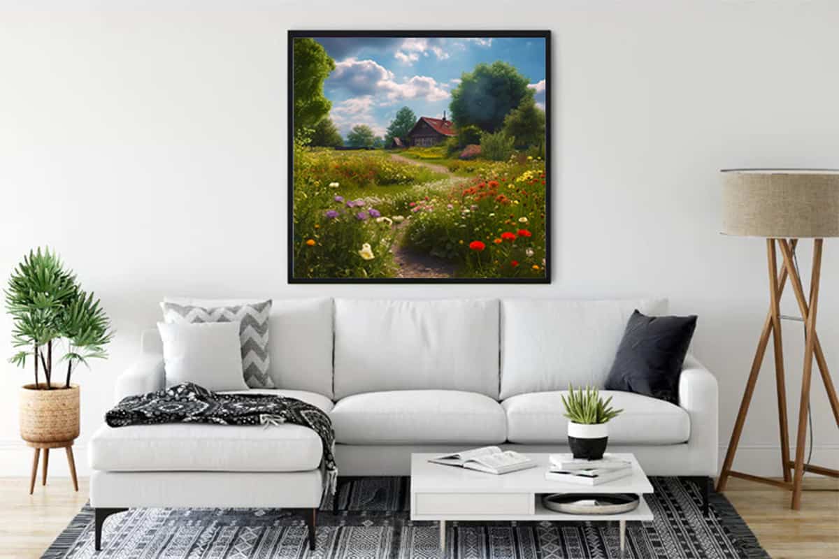 Diamond Painting - Village Idyll on the Meadow displayed in modern living room, Paint by Numbers art kit featuring a colorful countryside scene.